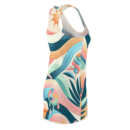 The vibrant beach and floral patterns of the Dazzling Dreams Studio Vibrant Pastel Racerback Summer Dress, embodying luxury and style for summer occasions.