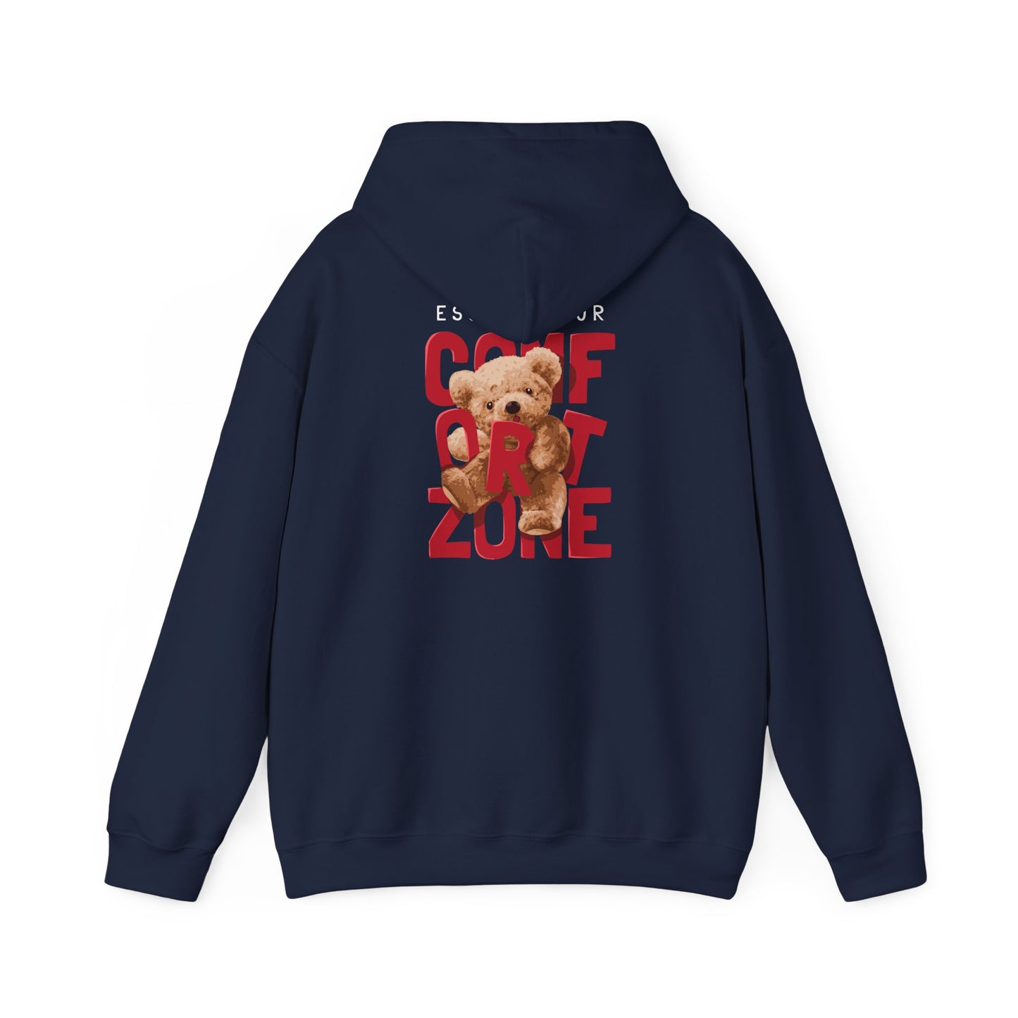 Navy blue hoodie adorned with a striking back print stating 'ESCAPE YOUR COMFORT ZONE' alongside a charming teddy bear graphic, epitomising playful sophistication.