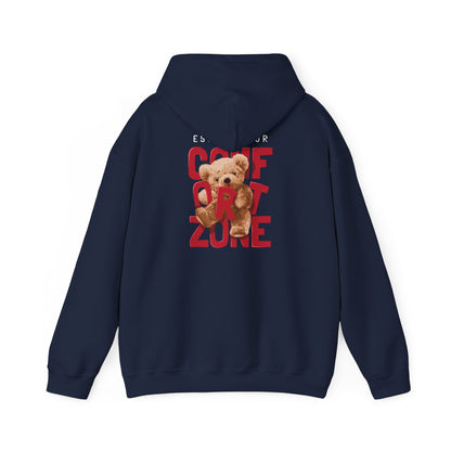 Navy blue hoodie adorned with a striking back print stating 'ESCAPE YOUR COMFORT ZONE' alongside a charming teddy bear graphic, epitomising playful sophistication.