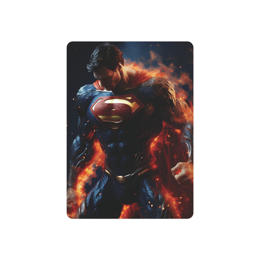 Superman Metal Art Poster featuring a dramatic portrayal of Superman bathed in striking colours and intense flames, ideal for adding sophistication and inspiration to any interior.