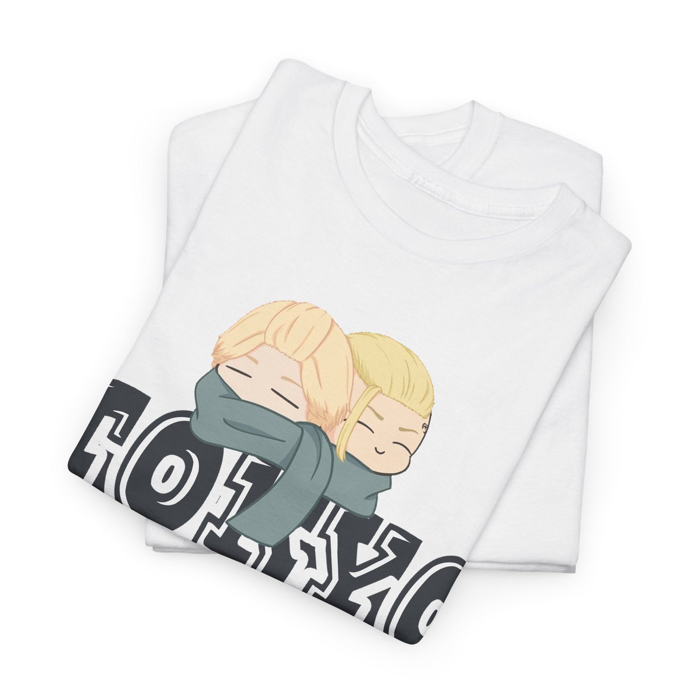 Elegant white t-shirt featuring a charming graphic design with anime-inspired characters from Tokyo Revengers, showcasing a serene friendship theme.