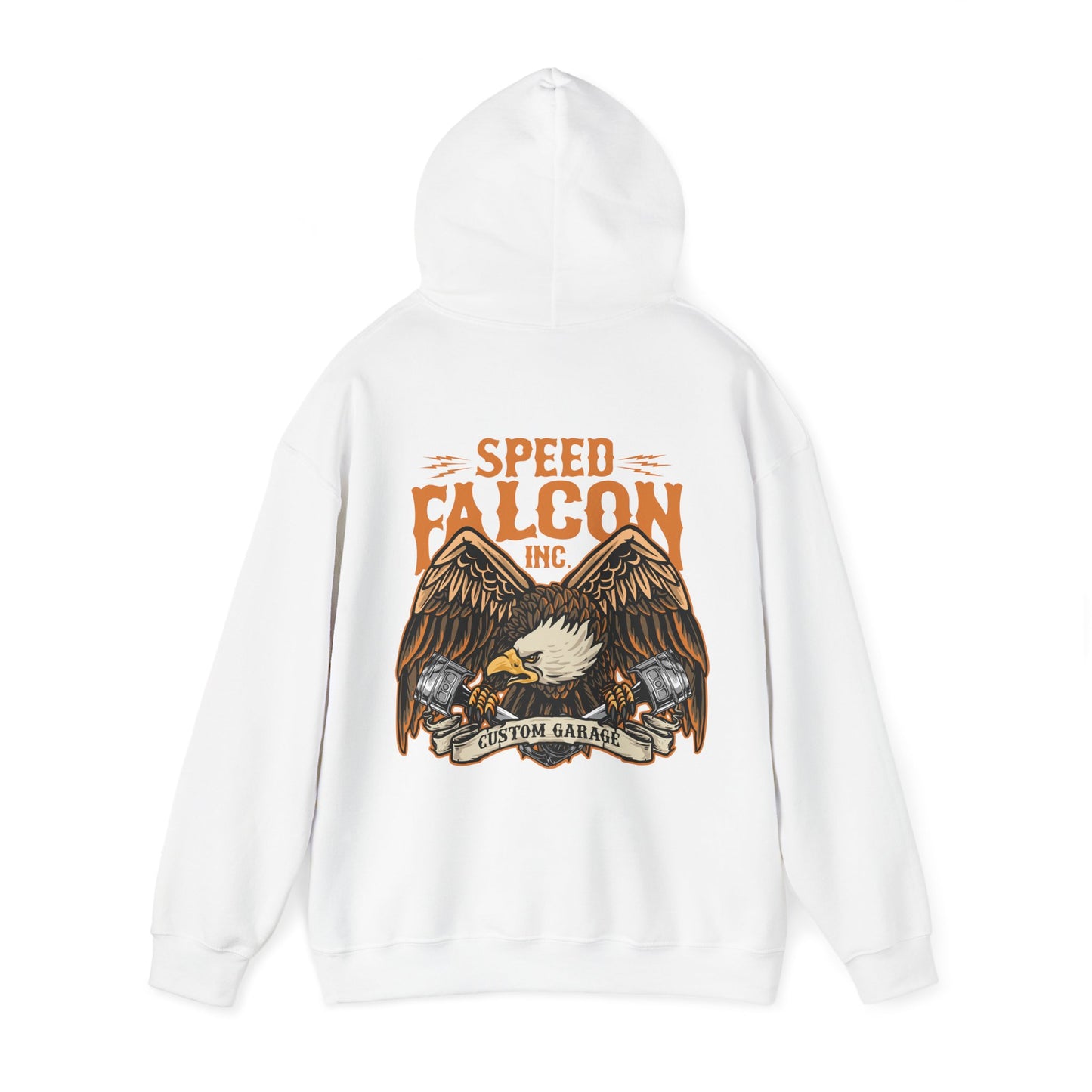 Chic white hoodie highlighting a majestic eagle print and 'Speed Falcon Inc.' branding, embodying strength and luxury.
