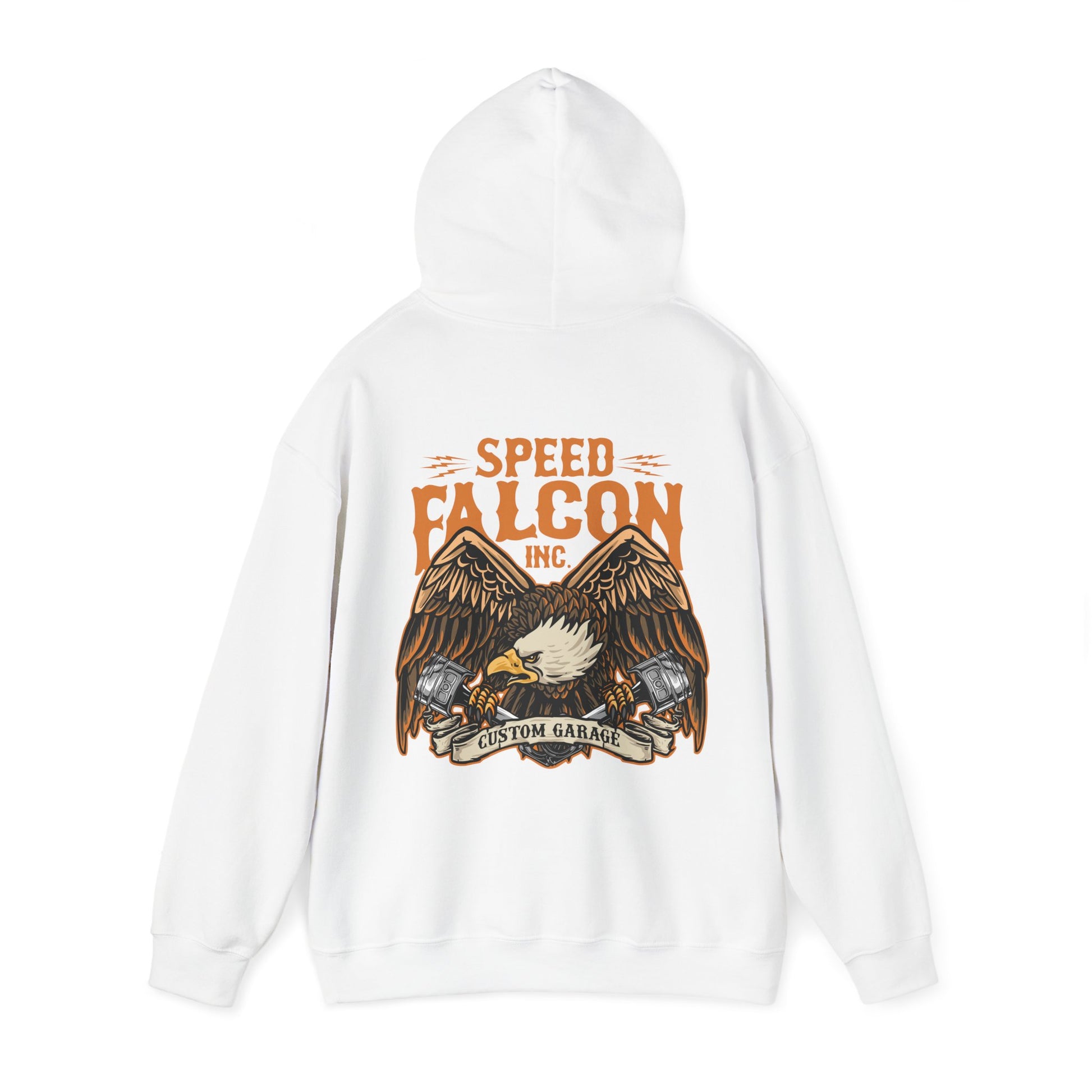 Chic white hoodie highlighting a majestic eagle print and 'Speed Falcon Inc.' branding, embodying strength and luxury.