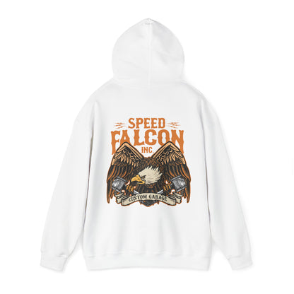 Chic white hoodie highlighting a majestic eagle print and 'Speed Falcon Inc.' branding, embodying strength and luxury.
