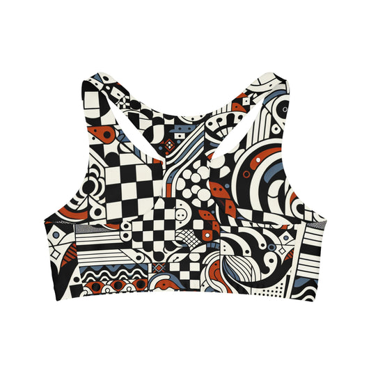 Andrea Bellecci Designer Sports Bra featuring a unique checkerboard motif and organic shapes, crafted from 82% microfiber polyester, showcased from the back view.