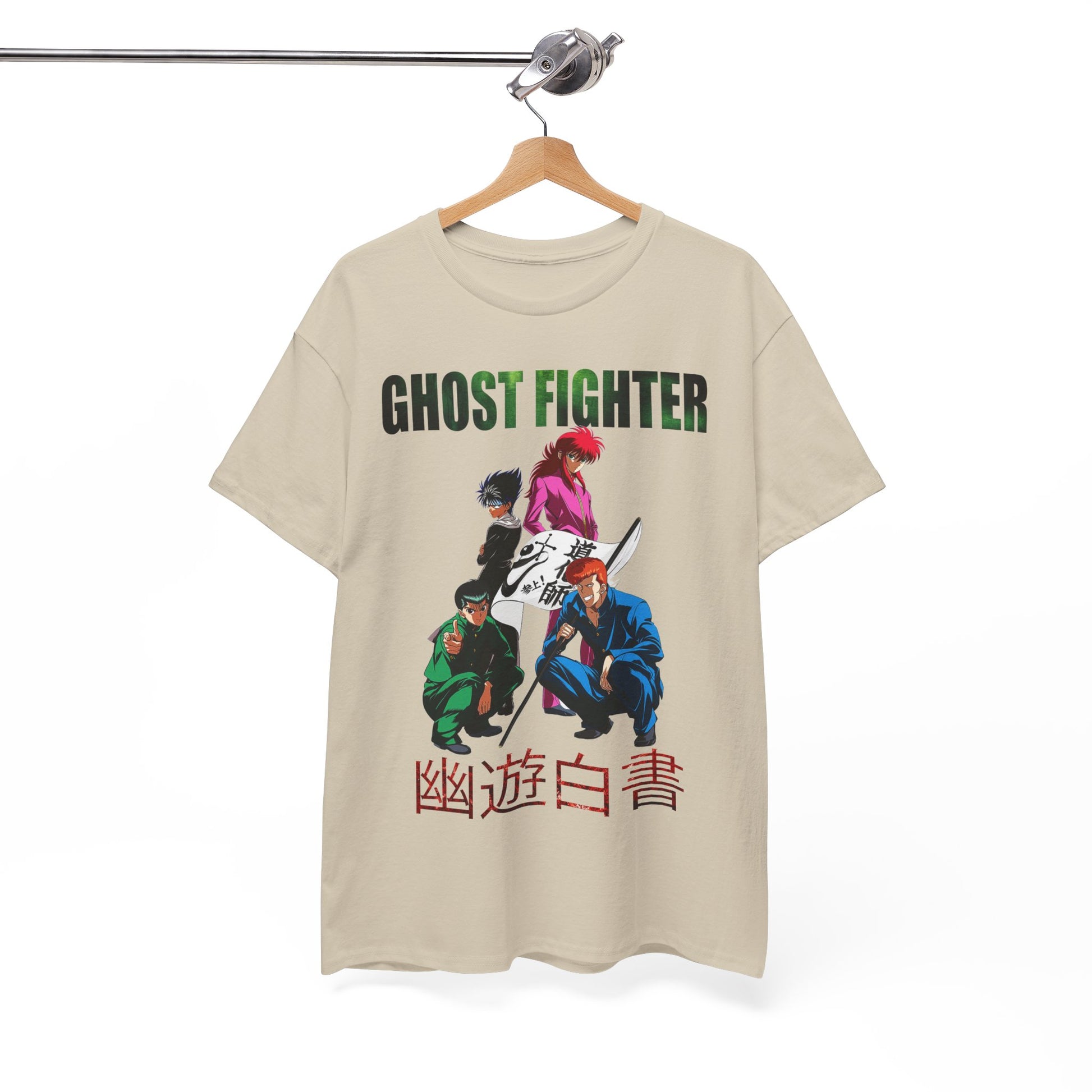 Chic Ghost Fighter T-shirt displayed on a hanger, highlighting its premium fabric and captivating anime design, designed for the discerning fan.