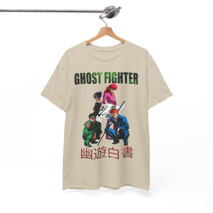Chic Ghost Fighter T-shirt displayed on a hanger, highlighting its premium fabric and captivating anime design, designed for the discerning fan.