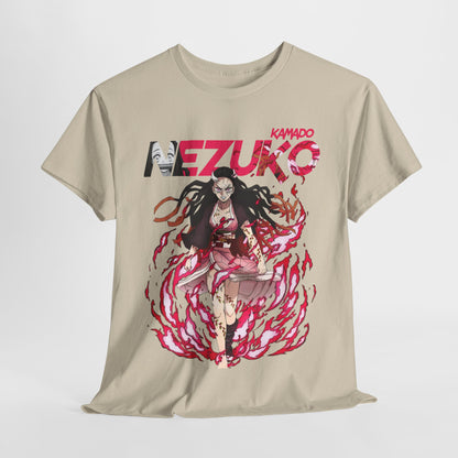 Elegantly designed Nezuko Kamado T-shirt featuring a striking action pose of the character, perfect for adding a touch of anime style to your wardrobe.