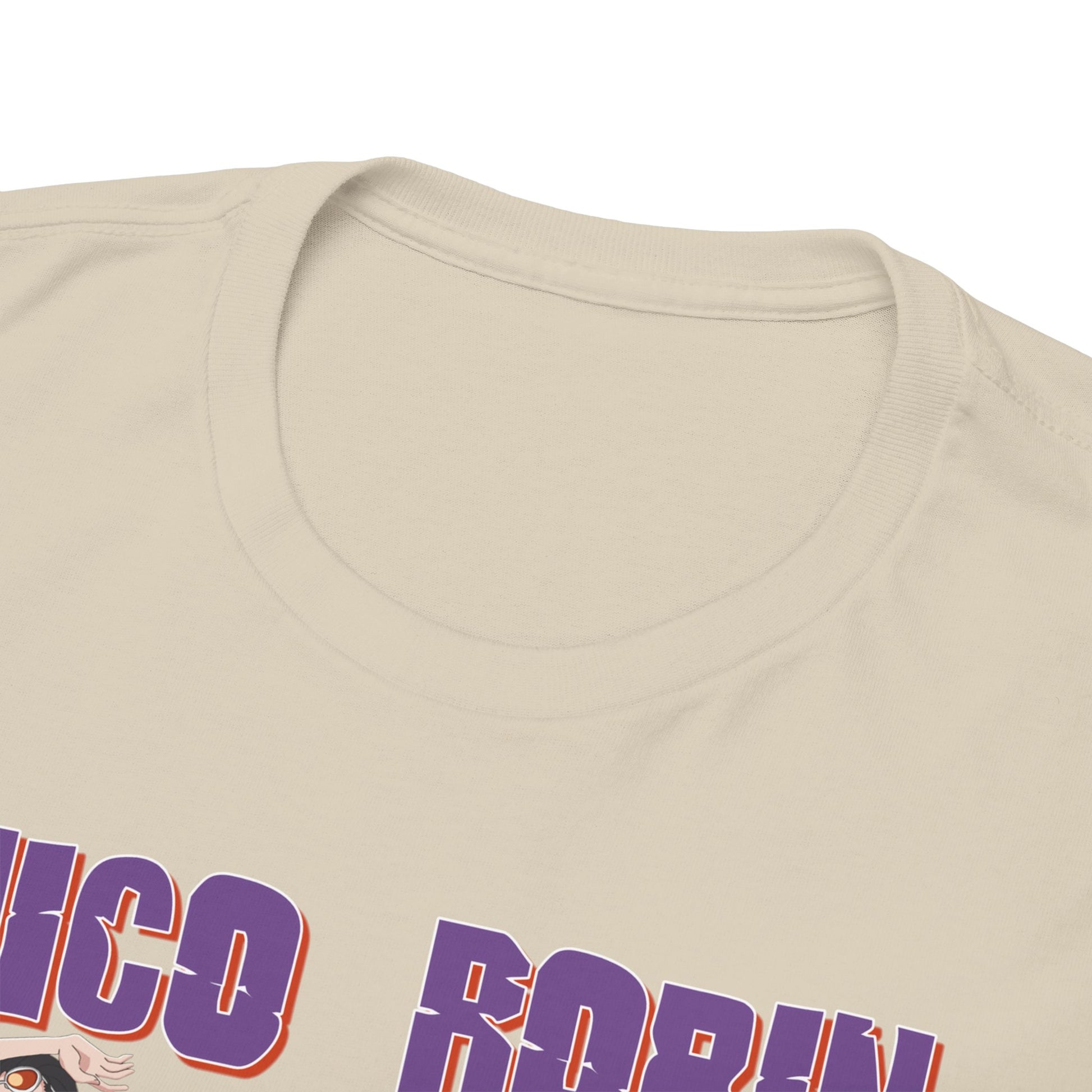 Close-up view of the neckline of a premium T-shirt, adorned with vibrant 'Nico Robin' artwork, showcasing attention to detail and quality craftsmanship.