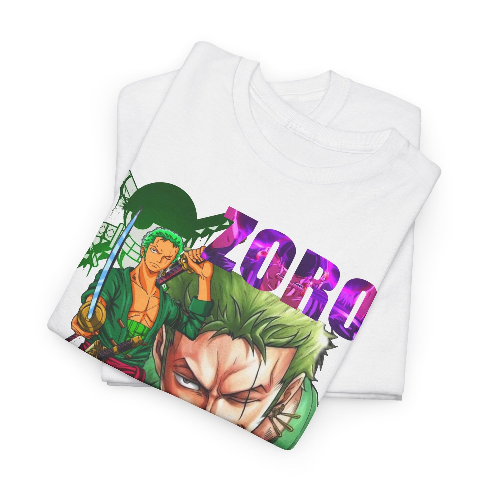 Chic presentation of a Roronoa Zoro t-shirt, artfully arranged to display premium quality fabric and striking design, perfect for anime aficionados.