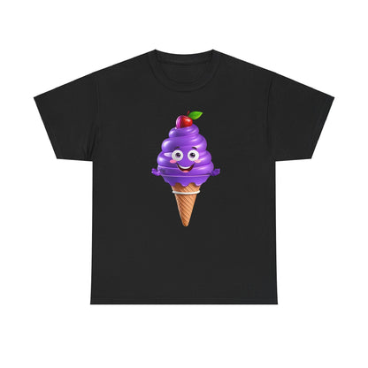Scoop of Joy: Cartoon Ice Cream Cone Character Tee in black, featuring a playful cartoon ice cream cone with vibrant purple swirl and a cheerful expression, crafted from luxurious unisex cotton.