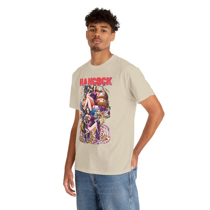 Male model confidently wearing a fashionable beige Hancock anime t-shirt, highlighting the vibrant artwork and stylish fit against a minimalist background.