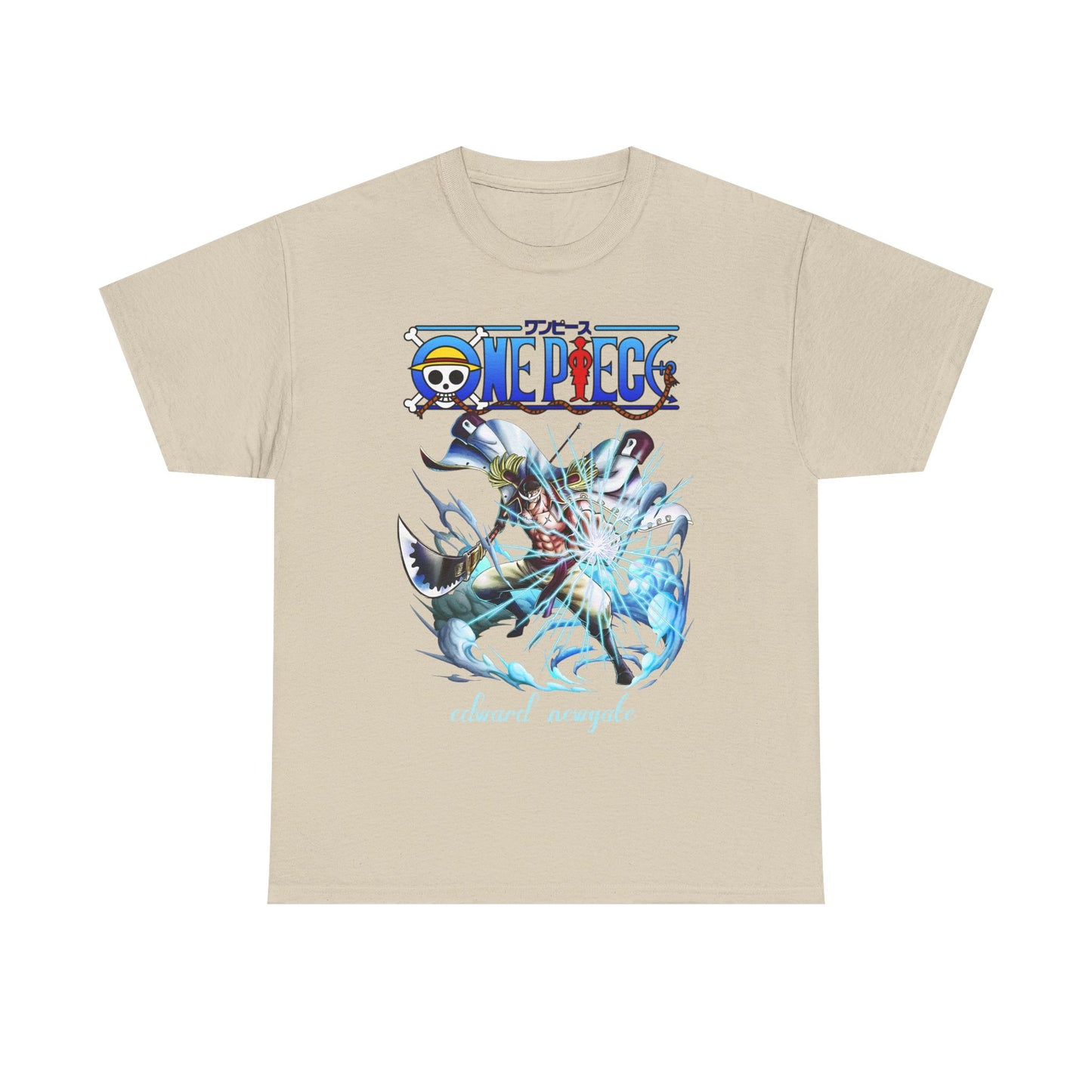 Stylish beige One Piece t-shirt featuring a striking image of Edward Newgate, capturing the essence of luxury anime fashion with vibrant artwork.