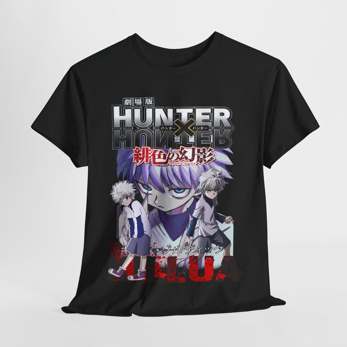 Elegant black 'Hunter x Hunter' t-shirt elegantly draped, featuring detailed character art of Killua and Gon, designed for anime aficionados.