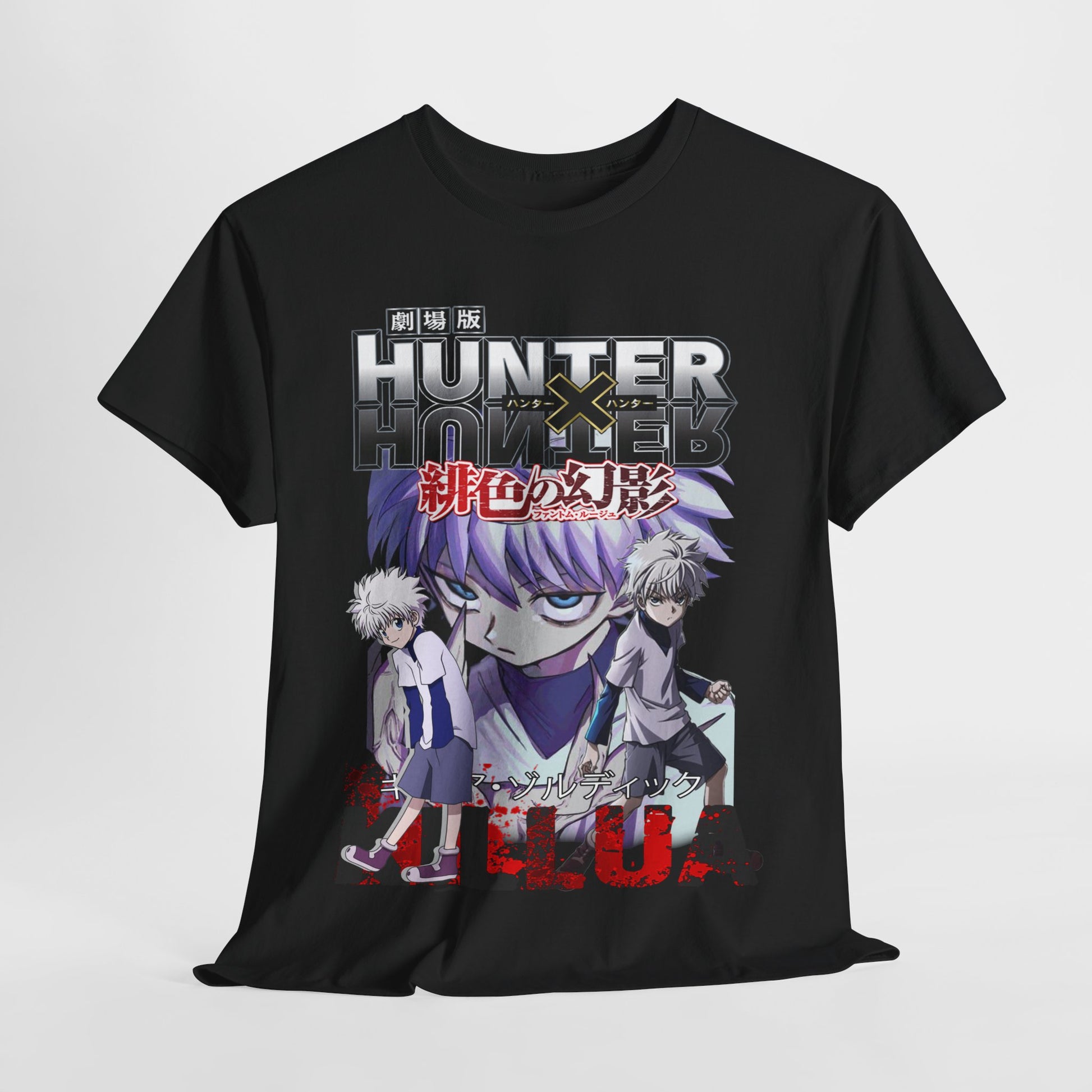 Elegant black 'Hunter x Hunter' t-shirt elegantly draped, featuring detailed character art of Killua and Gon, designed for anime aficionados.