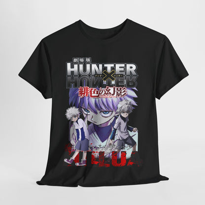 Elegant black 'Hunter x Hunter' t-shirt elegantly draped, featuring detailed character art of Killua and Gon, designed for anime aficionados.