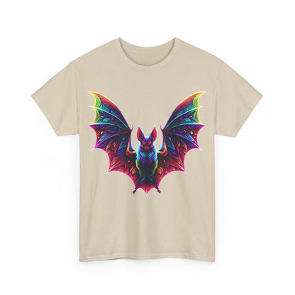 Radiant Evolution Bat Tee in beige - Exquisite unisex cotton t-shirt featuring a bright stylized bat design, ideal for making a bold fashion statement.