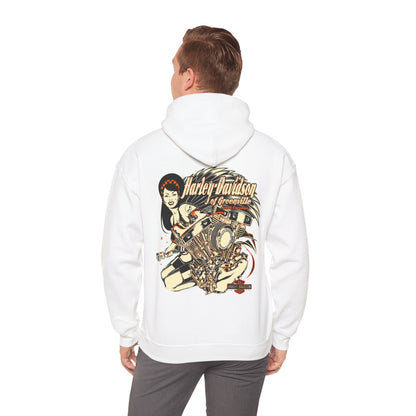 Stylish man wearing a white Harley-Davidson hoodie with a captivating back print, showcasing a powerful motorcycle engine and a poised woman, embodying luxury and adventure.