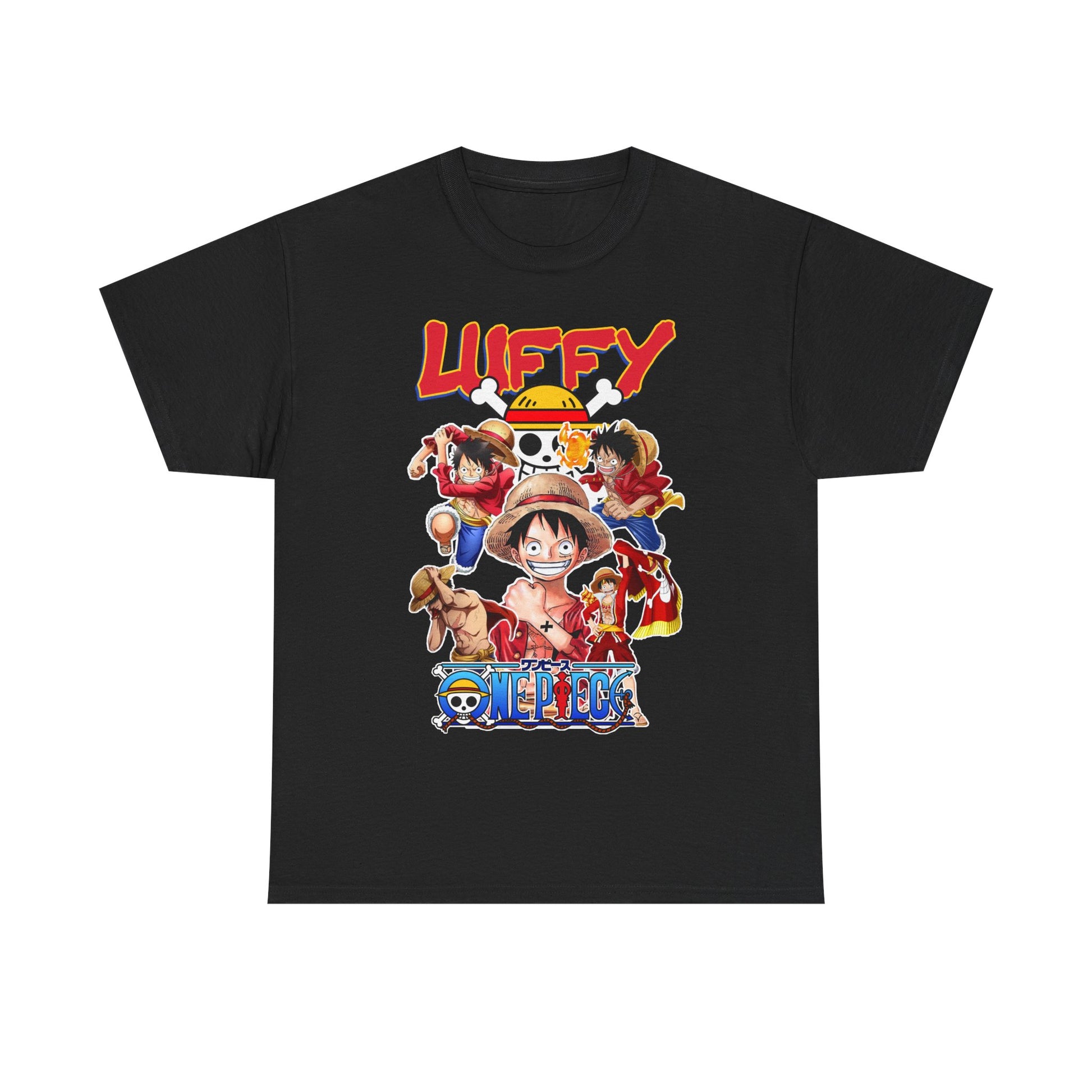 Sophisticated black t-shirt adorned with a bold 'One Piece' graphic, highlighting Luffy and his adventurous crew, ideal for stylish anime fans.