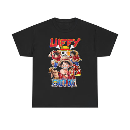 Sophisticated black t-shirt adorned with a bold 'One Piece' graphic, highlighting Luffy and his adventurous crew, ideal for stylish anime fans.