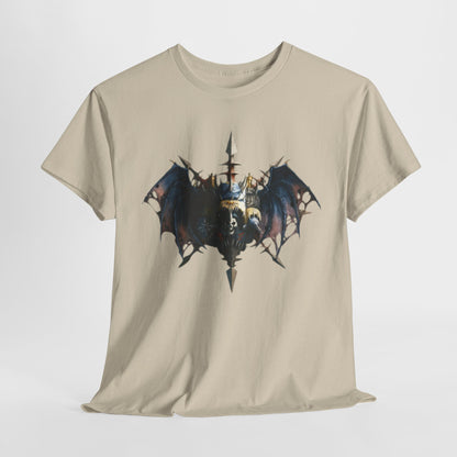 Luxurious beige graphic t-shirt featuring an intricate warlord emblem with bat-like wings and a spear, designed for both men and women. Perfect for urban streetwear and fantasy enthusiasts.