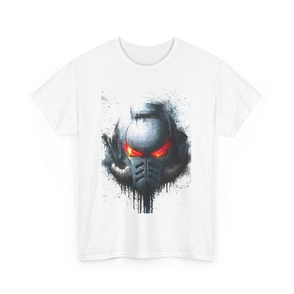 Luxury graphic t-shirt featuring a striking helmet design with fiery red eyes and a splash of grey and black art on a white cotton background, ideal for urban fashion enthusiasts.
