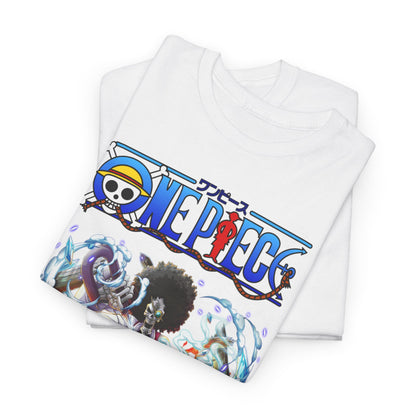 Luxurious fold of a white t-shirt featuring Brook from One Piece, artfully illustrated with a captivating anime design ideal for enthusiasts.