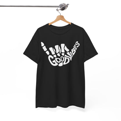 Elegant black men's T-shirt showcasing a striking white graphic of a skeletal hand making the hang loose gesture, emblazoned with the words 'GOOD VIBES' in a stylish font.