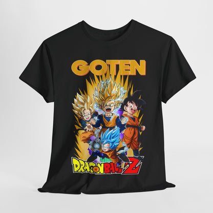 Luxury Dragon Ball Z Goten T-shirt in black featuring vibrant graphic of Goten and iconic characters ready for battle, perfect for anime enthusiasts.