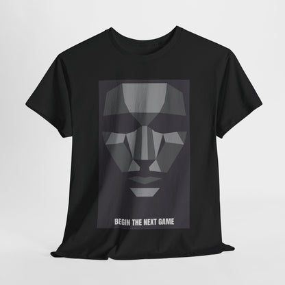 Elegant unisex Squid Game graphic T-shirt in black featuring a minimalist geometric face design and the phrase 'BEGIN THE NEXT GAME'. Perfect for stylish, urban fashion enthusiasts.