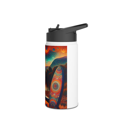 Chic Fantasy Paddleboarding Stainless Steel Water Bottle with contemporary artwork, displaying a paddleboard and mountainous landscape for the adventurous spirit.