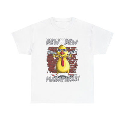 Luxury white t-shirt featuring a humorous gangster chicken graphic with sunglasses and a red tie, set against a vintage brick wall background, ideal for casual and quirky fashion.