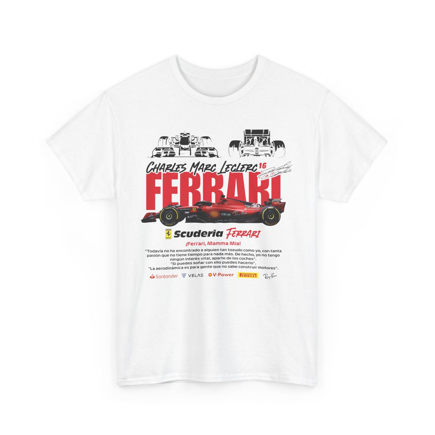 Luxurious white t-shirt with striking Charles Leclerc 16 design, featuring a vivid Ferrari Formula 1 car illustration, perfect for racing fans.