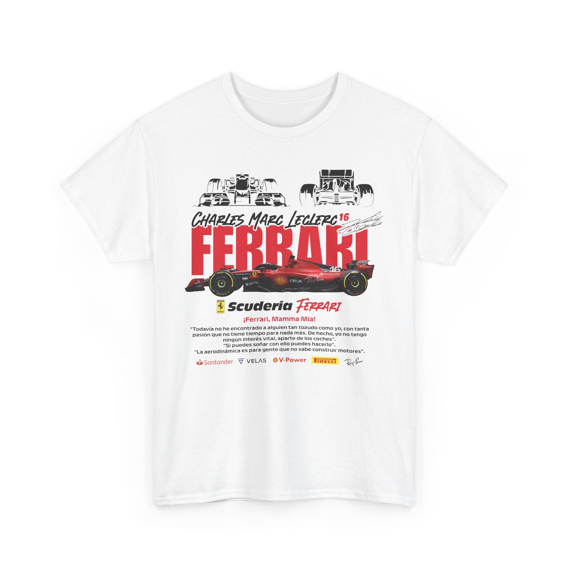 Luxurious white t-shirt with striking Charles Leclerc 16 design, featuring a vivid Ferrari Formula 1 car illustration, perfect for racing fans.