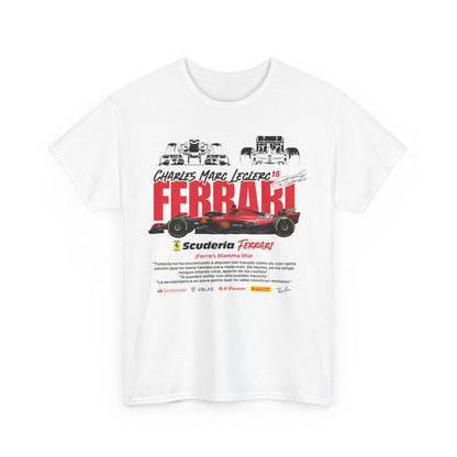 Luxurious white t-shirt with striking Charles Leclerc 16 design, featuring a vivid Ferrari Formula 1 car illustration, perfect for racing fans.
