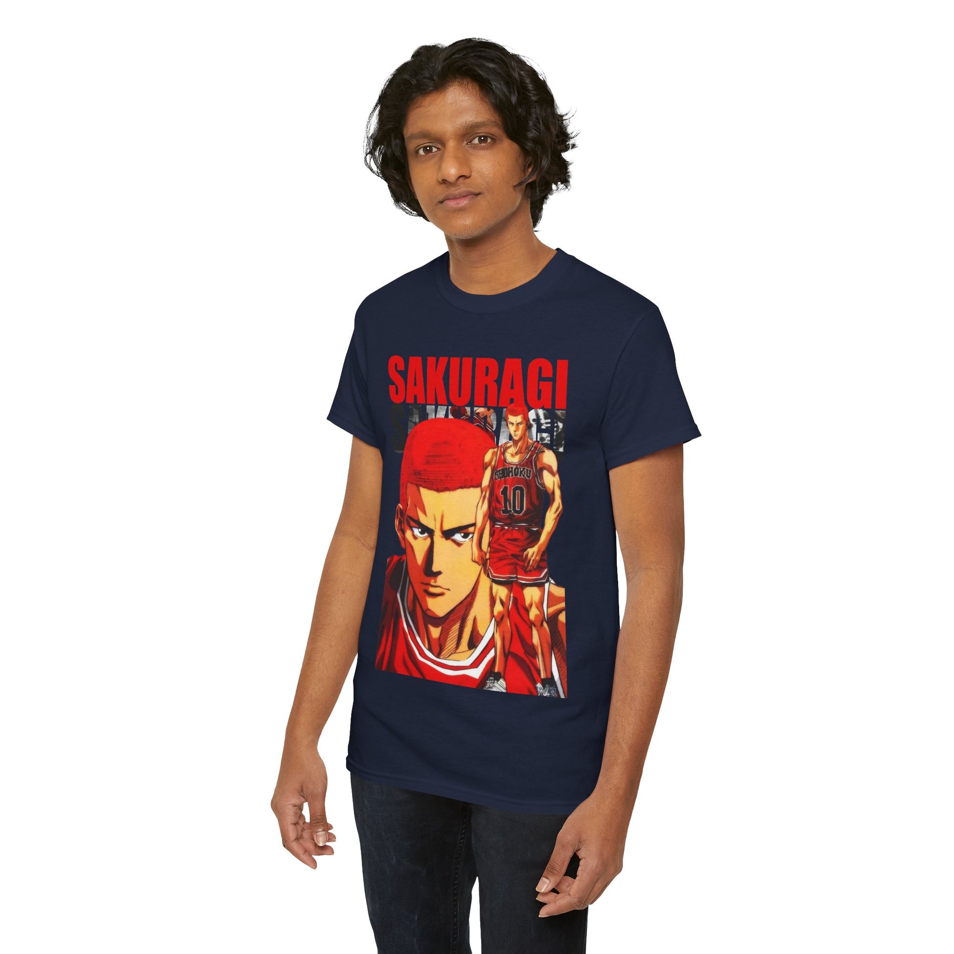 Charming model showcasing the Sakuragi Slam Dunk t-shirt, reflecting enthusiasm for anime and sport in a modern, fashionable look.