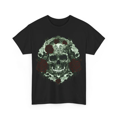 Front view of the Skulls and Roses Cotton Tee showcasing intricate skull and rose design, a perfect blend of alternative fashion and luxury.