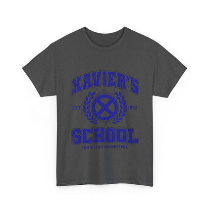 Elegant graphic tee displaying the Xavier's School for Gifted Youngsters logo in bold blue, perfect for fashion-forward fans of X-Men.