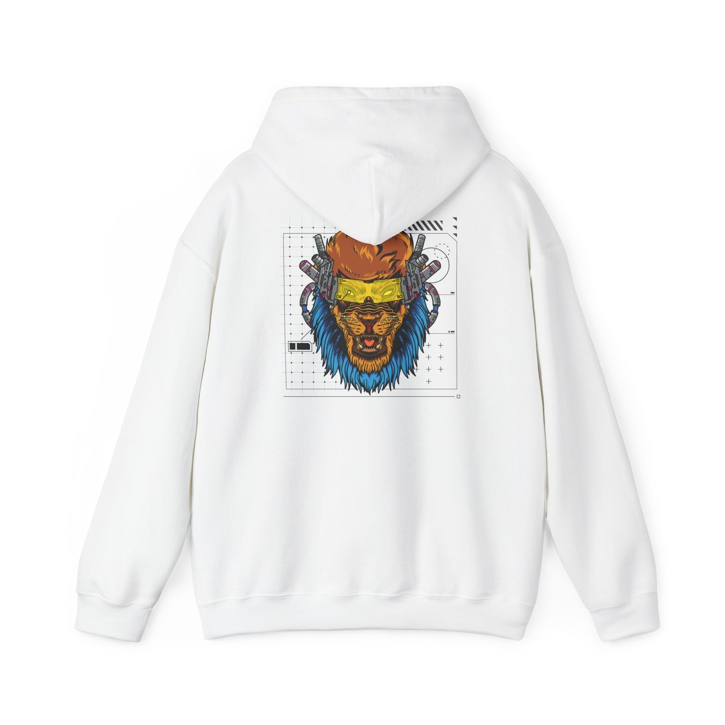 Luxurious white hoodie featuring a striking cyberpunk lion design on the back, showcasing vibrant blue mane and futuristic elements.