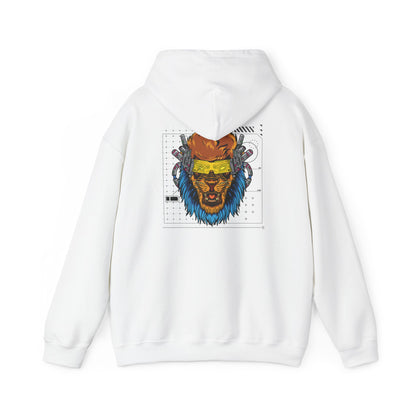 Luxurious white hoodie featuring a striking cyberpunk lion design on the back, showcasing vibrant blue mane and futuristic elements.