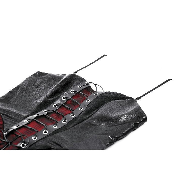 Back zipper detail of the Dark In Love red tartan corset dress emphasizing convenience and perfect fit, designed for a luxurious punk style.