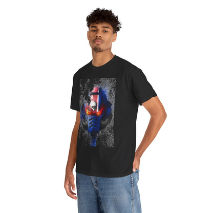 Stylish individual wearing a luxurious black graphic t-shirt with a bold helmet design in blue and red, embodying modern urban elegance.