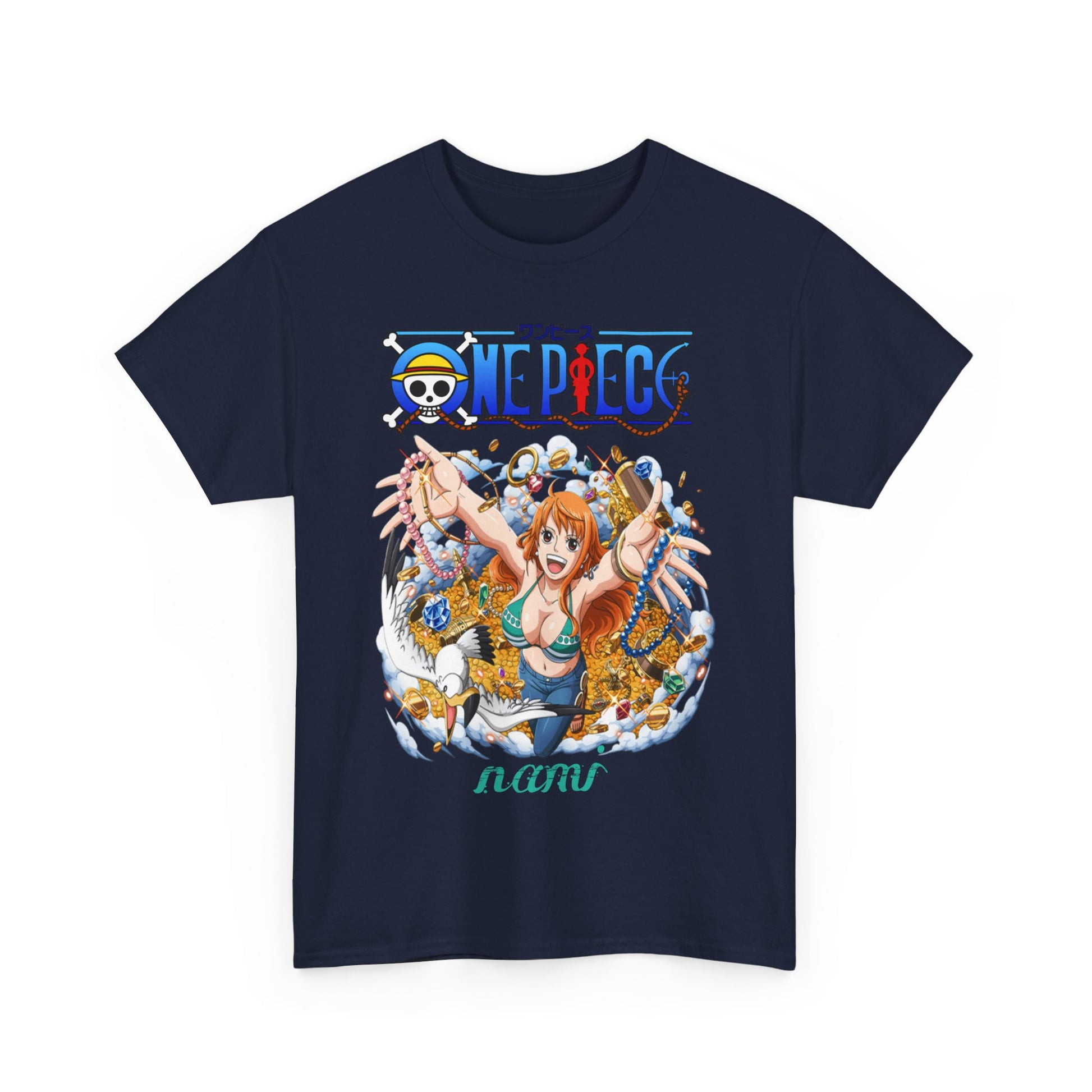 Front view of an exquisite navy blue men's t-shirt featuring vibrant anime artwork of Nami from One Piece surrounded by treasures, symbolizing adventure and joy.