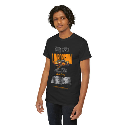 Young man in a Lamborghini Aventador graphic T-shirt, presenting a refined look that merges fashion with a passion for high-performance vehicles.