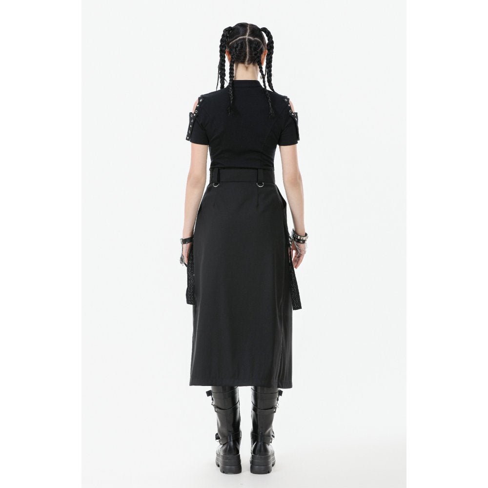 Fashion model showcasing the Dark in Love Layered Goth Skirt with adjustable waist and tying rope closure, exuding a bold and rebellious aesthetic.