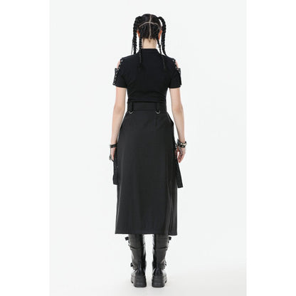 Fashion model showcasing the Dark in Love Layered Goth Skirt with adjustable waist and tying rope closure, exuding a bold and rebellious aesthetic.