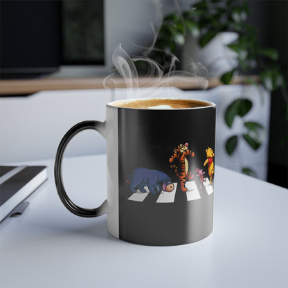 Winnie The Pooh & Friends Abbey Road Colour Morphing Mug - 11oz, showcasing the enchanting design as hot beverage steam rises from the mug in a sophisticated setting.