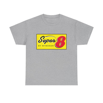 Super 8 Retro Logo Unisex Graphic Tee in grey, featuring an iconic retro logo for a stylish addition to any wardrobe.