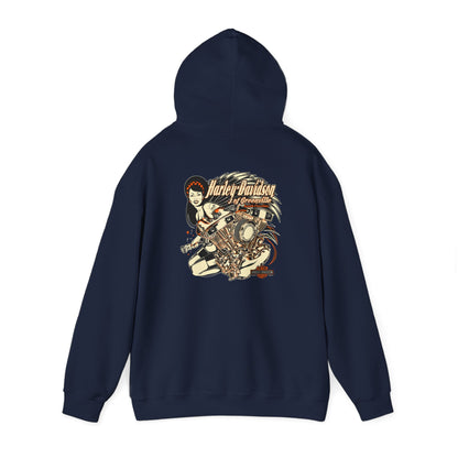Luxurious Harley-Davidson back print hoodie featuring a striking retro engine design and a chic lady, elegantly styled in a deep navy hue, perfect for motorcycle enthusiasts.