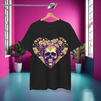 Skulls and Roses Cotton Tee in black, elegantly displayed on a hanger against a vibrant pink background, illustrating the unique steampunk aesthetic of this designer unisex shirt.